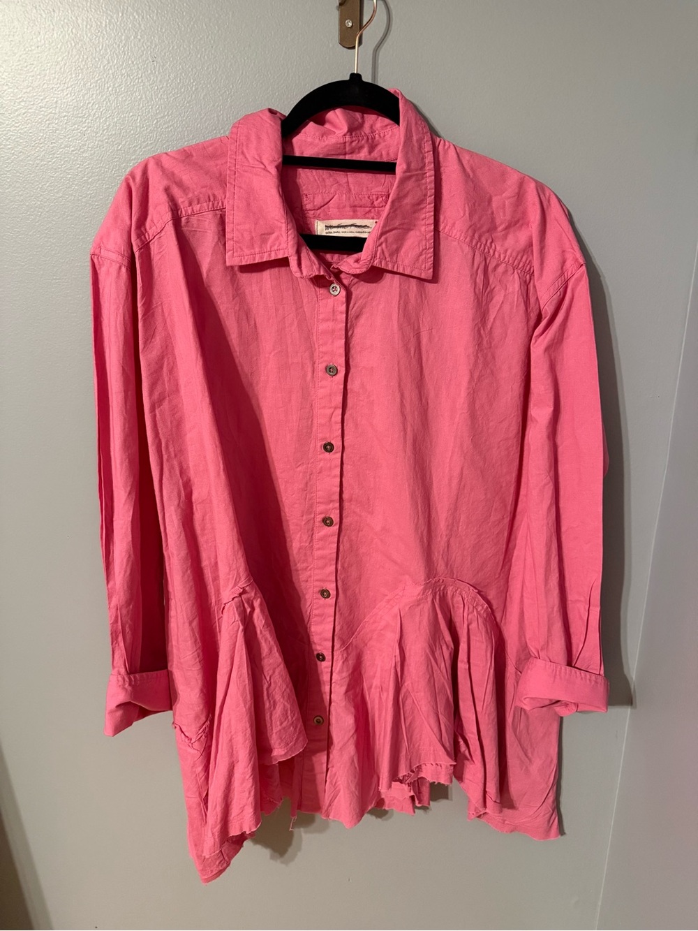 Relaxed Pink Button-Down Ruffle Hem Dress